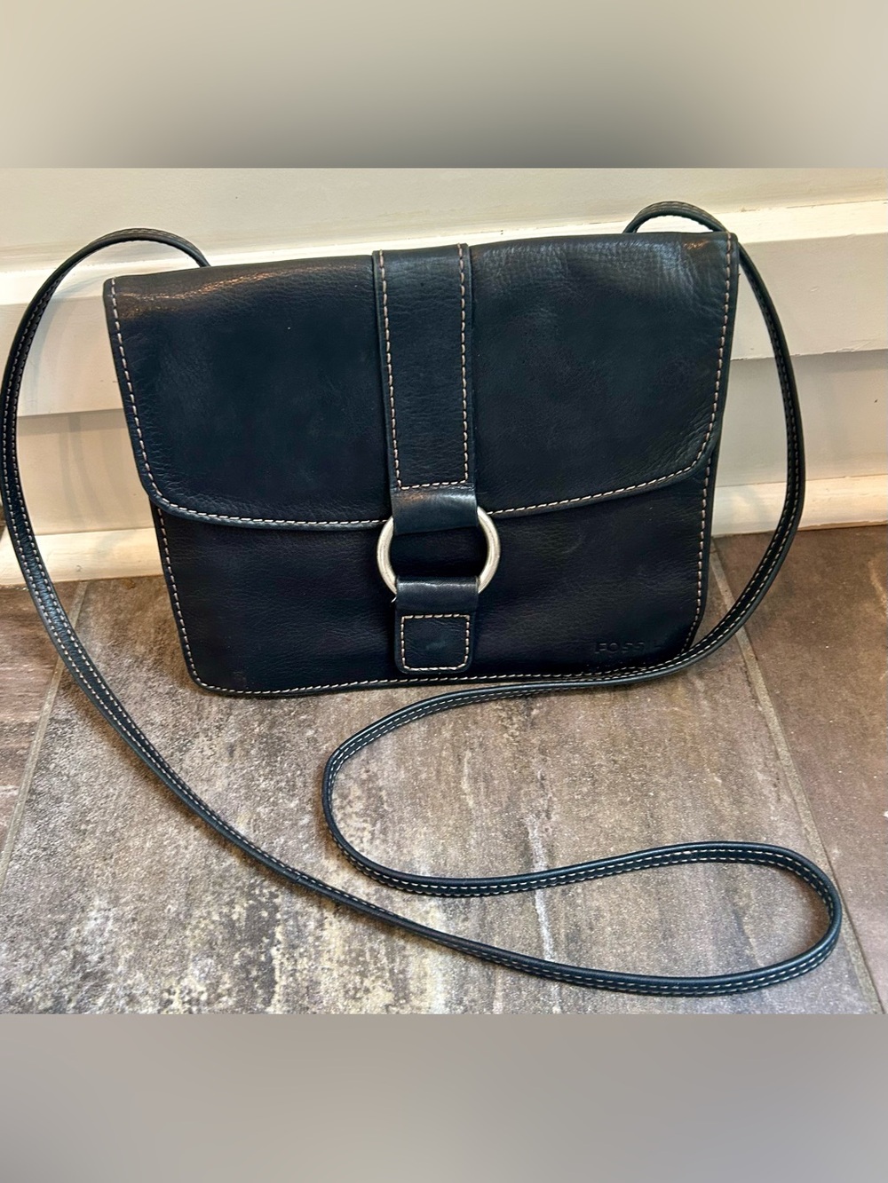 Vintage Fossil Black Leather Crossbody Purse